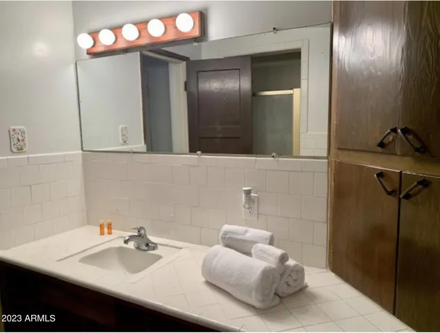 a bathroom with a sink and a mirror