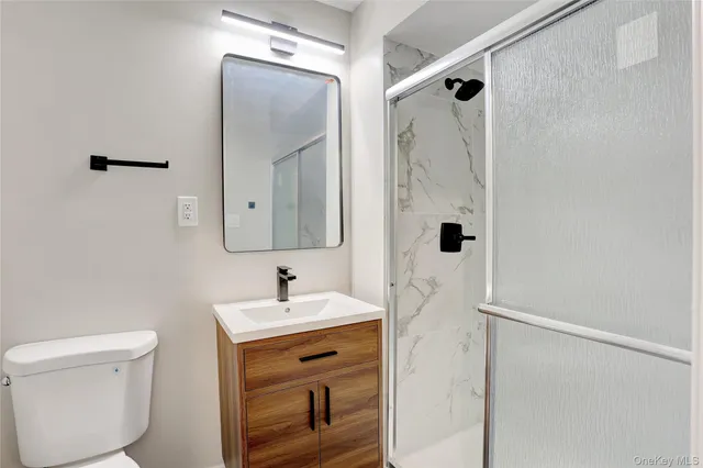 a bathroom with a shower sink vanity and mirror
