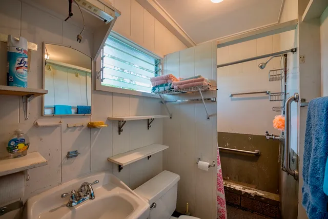 a bathroom with a sink toilet and shower