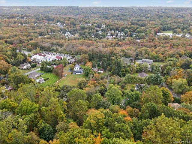 an aerial view of a houses with city and green space