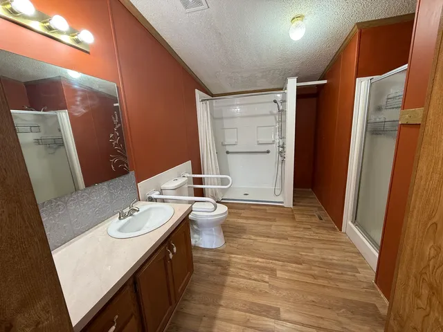 a bathroom with a sink a toilet and shower curtain