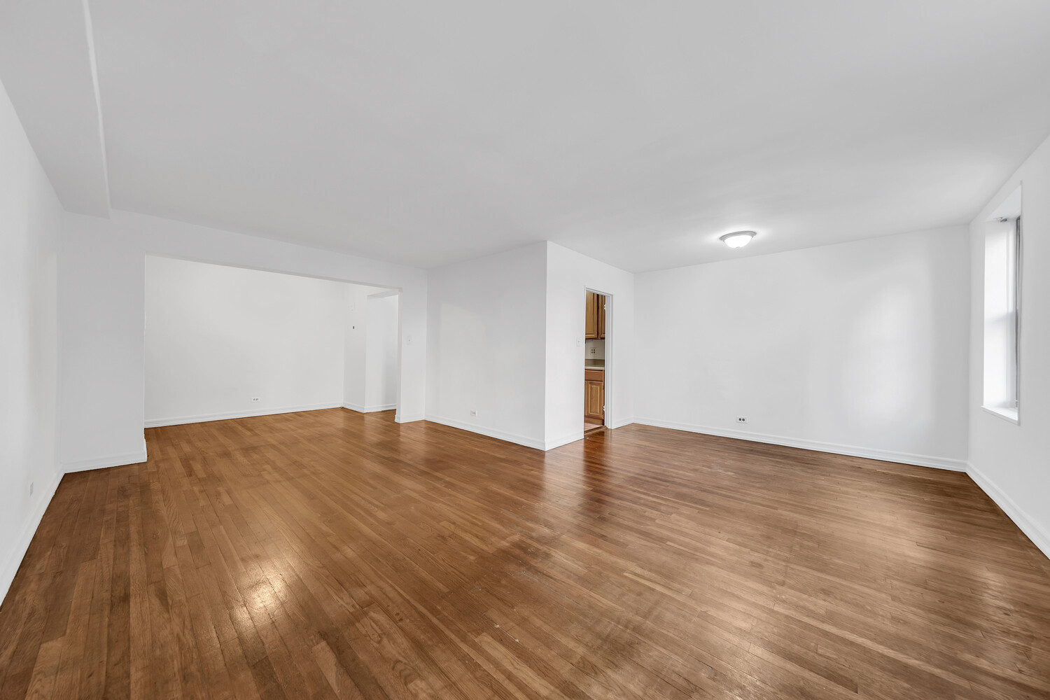 a view of empty room with wooden floor