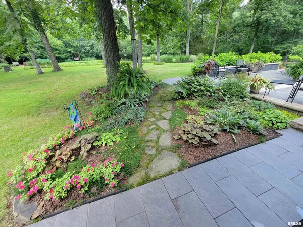 a view of a backyard with table and chairs potted plants