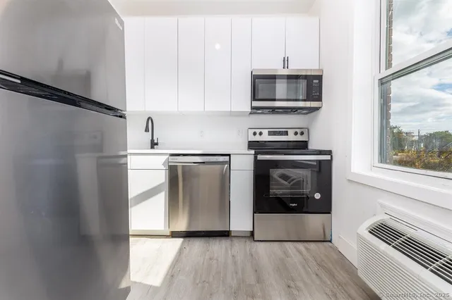 a kitchen with a stove and a microwave