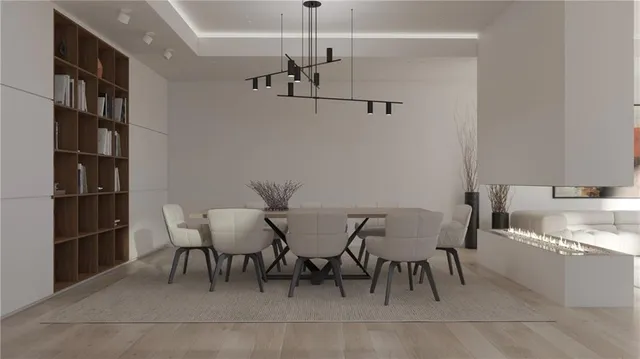a view of a dining room with furniture