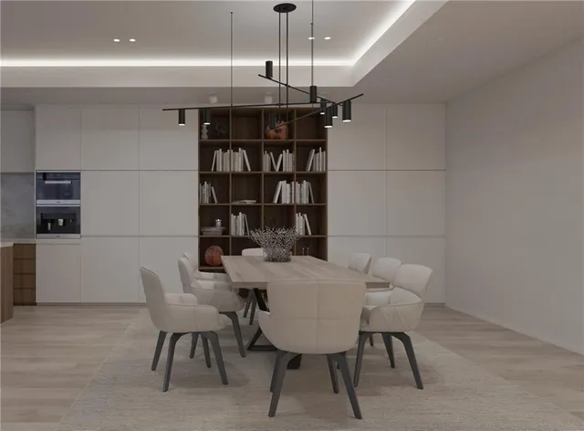 a view of a dining room with furniture