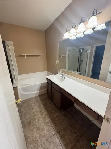 a bathroom with a tub a sink and a large mirror