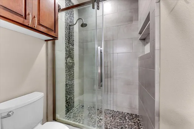 a bathroom with a shower and a toilet