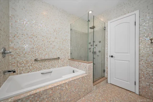 a bathroom with a bathtub and a shower