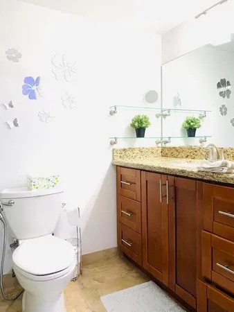 a bathroom with a granite countertop toilet sink and mirror