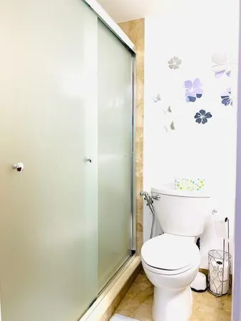a bathroom with a toilet and a shower