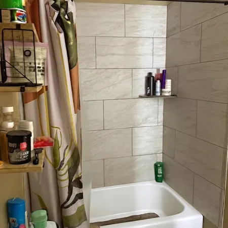 a bathroom with a bathtub