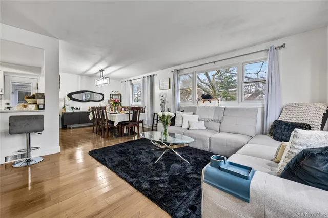 a living room with furniture and a dining table with kitchen view