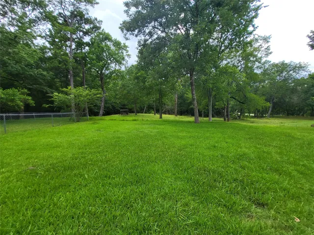a view of a grassy field with trees
