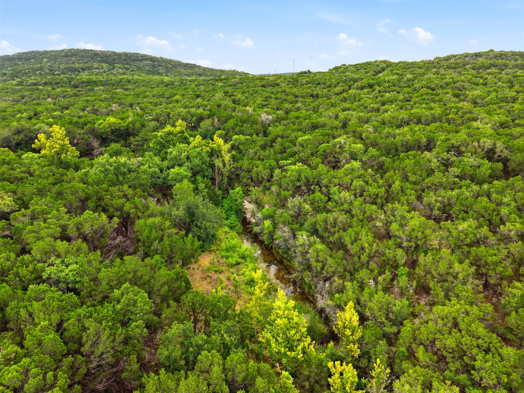 Tbd Vance Circle Road Leander, TX 78645 - Photo 29 of 33 Dense woodlands frame a natural creek winding through rolling hillsides under blue skies.