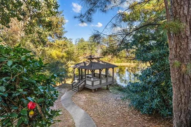 a small garden covered with tall trees