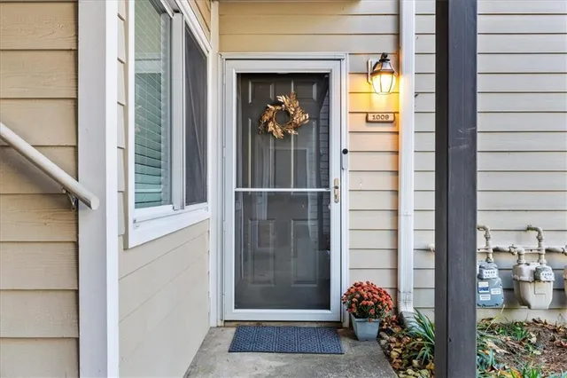 a view of a porch with a door