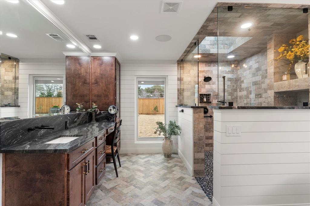 5505 Northaven Road Dallas, TX 75229 - Photo 28 of 40 Bathroom featuring visible vents, recessed lighting, a walk in shower, and vanity