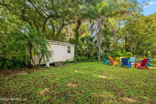 a backyard of a house with table and chairs