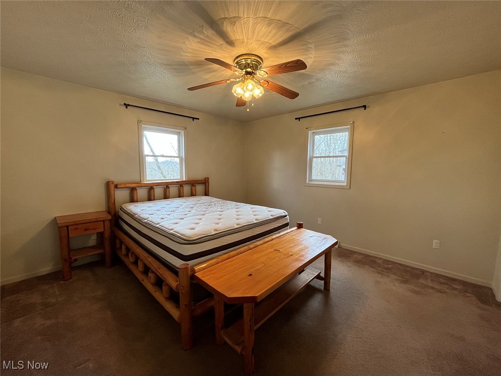 5295 Deer Road Southwest Bowerston, OH 44695 - Photo 15 of 39 Carpeted bedroom featuring a textured ceiling, baseboards, and a ceiling fan
