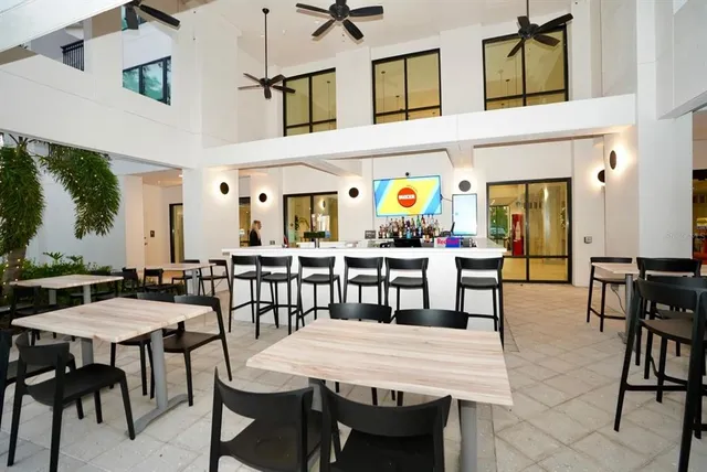 a view of a dining room with furniture