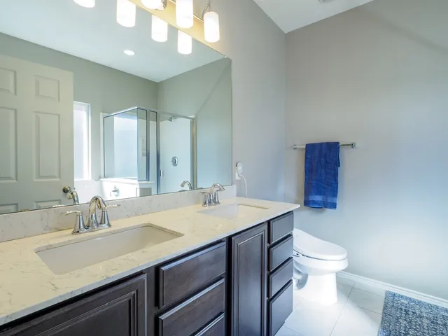 a bathroom with a sink a toilet and a large mirror