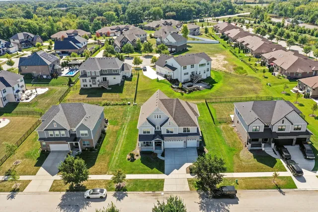 an aerial view of a swimming pool