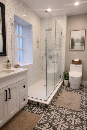 a bathroom with a sink toilet and shower