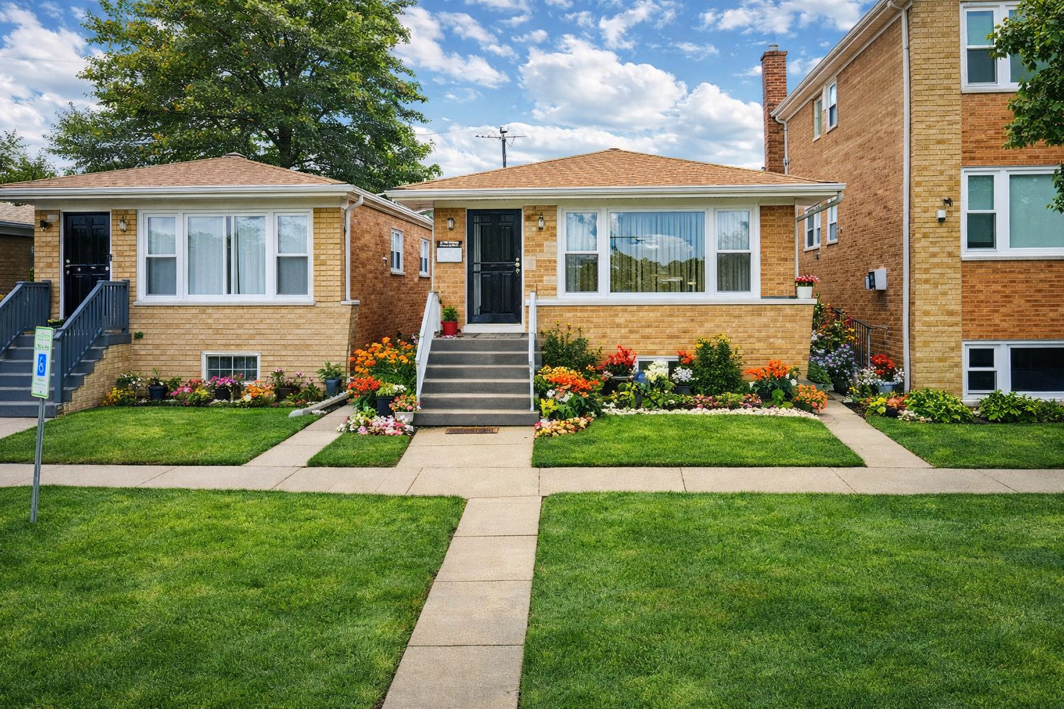 a view of house in front of a big yard with potted plants and large trees