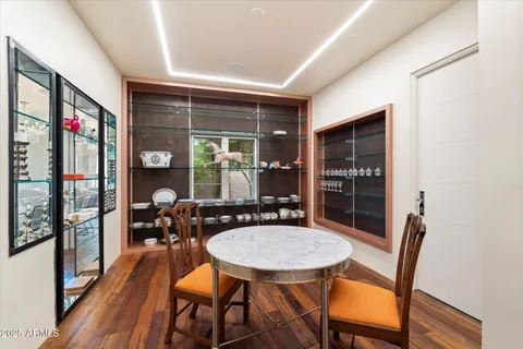 a view of a dining room with furniture