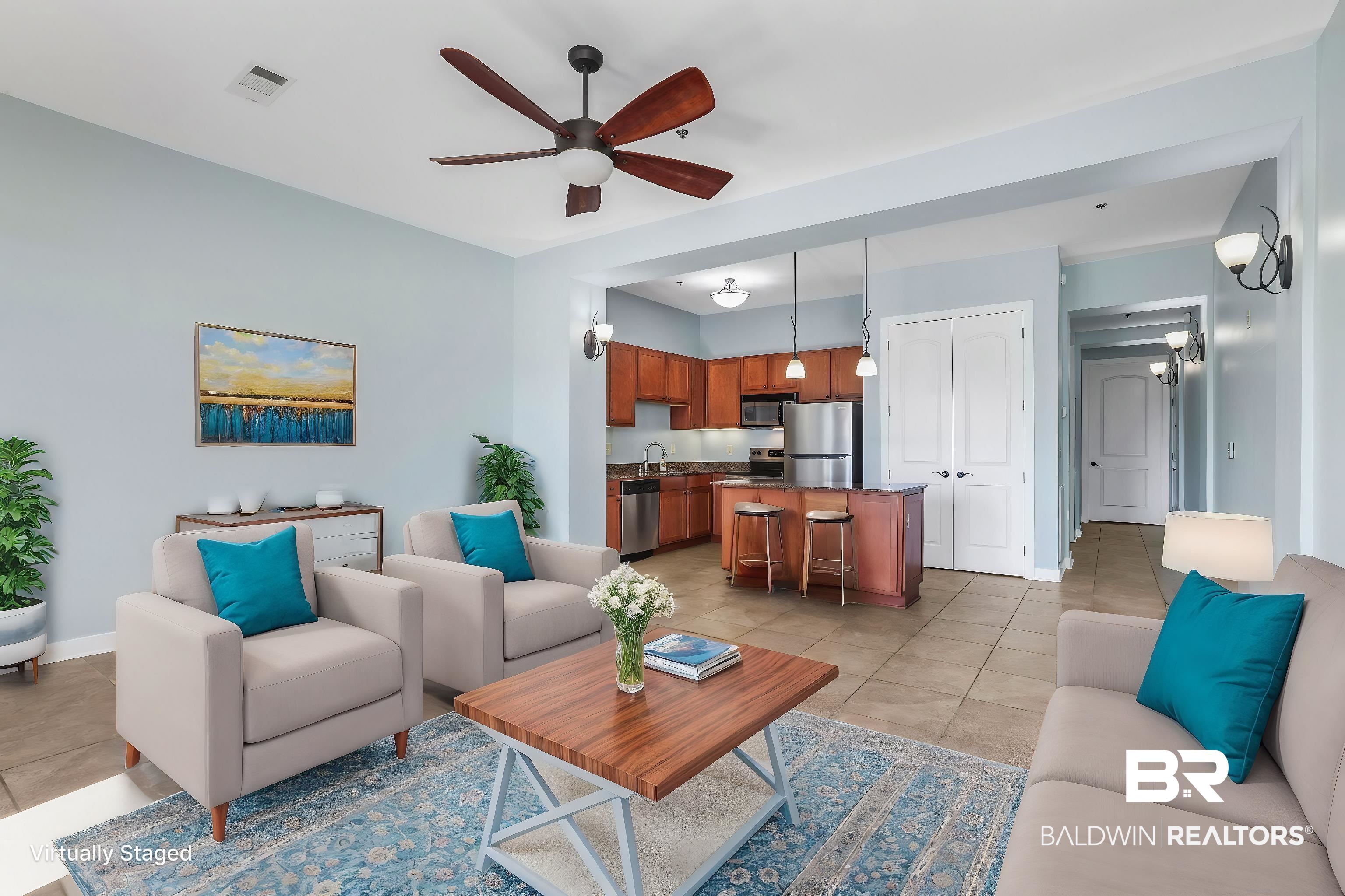 1430 Regency Road, Unit B302 Gulf Shores, AL 36542 - Photo 6 of 24 Living room featuring light tile patterned floors, baseboards, a ceiling fan, and visible vents