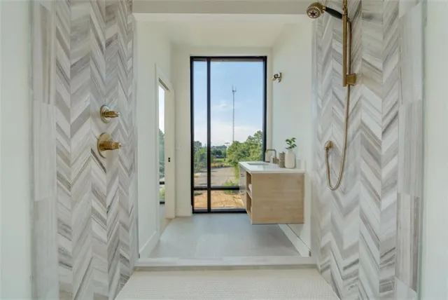 a spacious bathroom with a shower