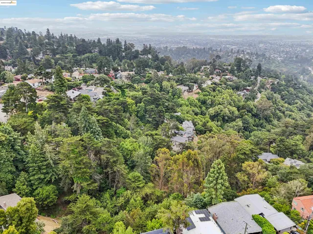 an aerial view of residential houses with outdoor space and trees