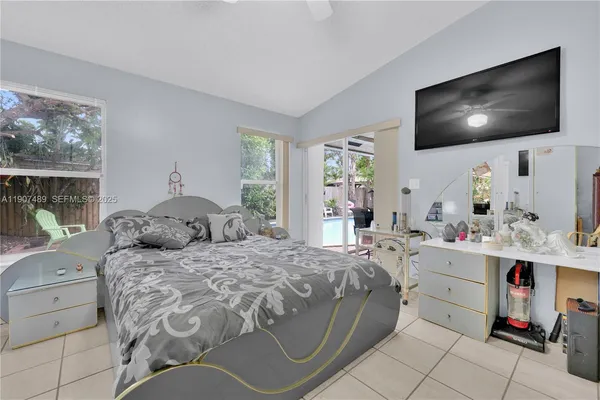 a bedroom with a bed and flat screen tv