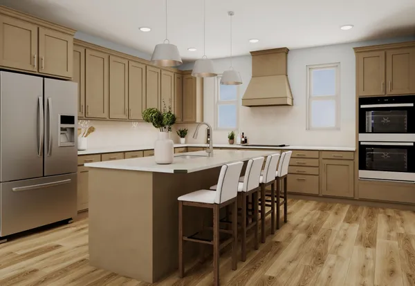 a kitchen with kitchen island granite countertop a sink a counter space stainless steel appliances and cabinets