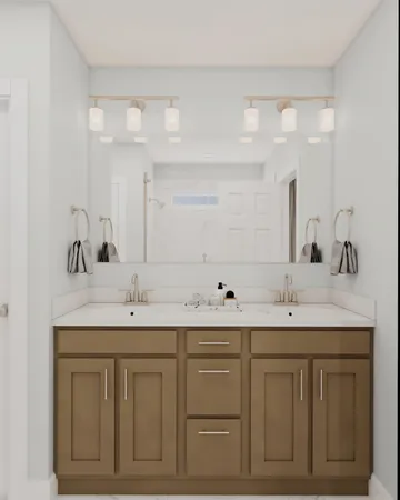 a bathroom with a sink double vanity and mirror