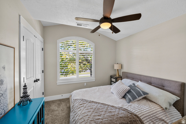 564 Spring Meadow Lane Farmington, UT 84025 - Photo 24 of 31 Vaulted ceiling with a ceiling fan, arched window with plantation shutters, and a paneled bifold closet door