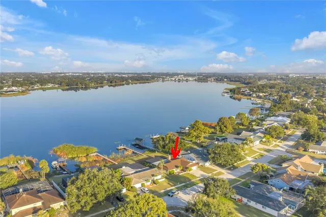 a view of a lake with a city