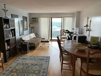 a view of a dining room with furniture