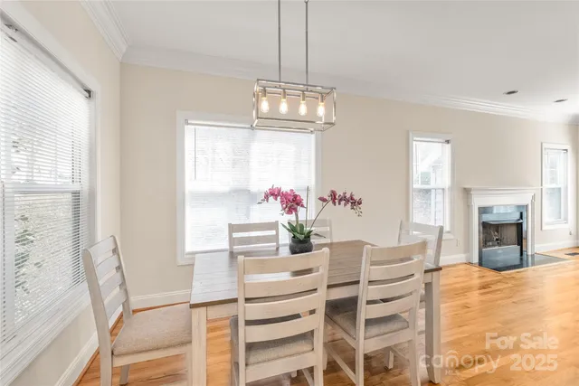 a dining room with furniture a fireplace and a chandelier