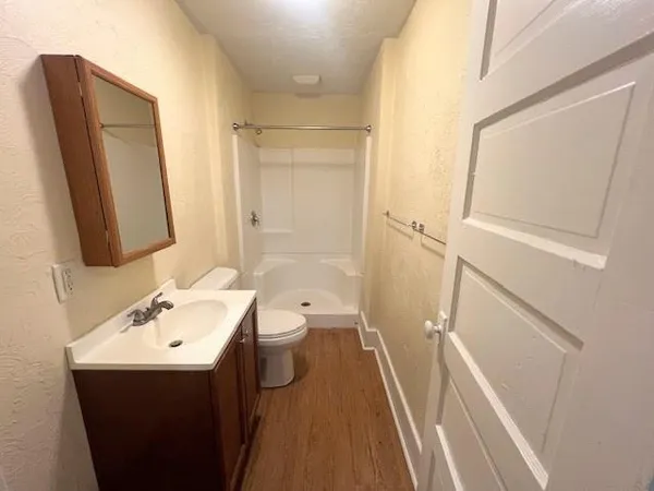 a bathroom with a sink a toilet and a mirror