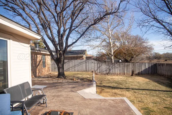 a view of backyard with a large tree