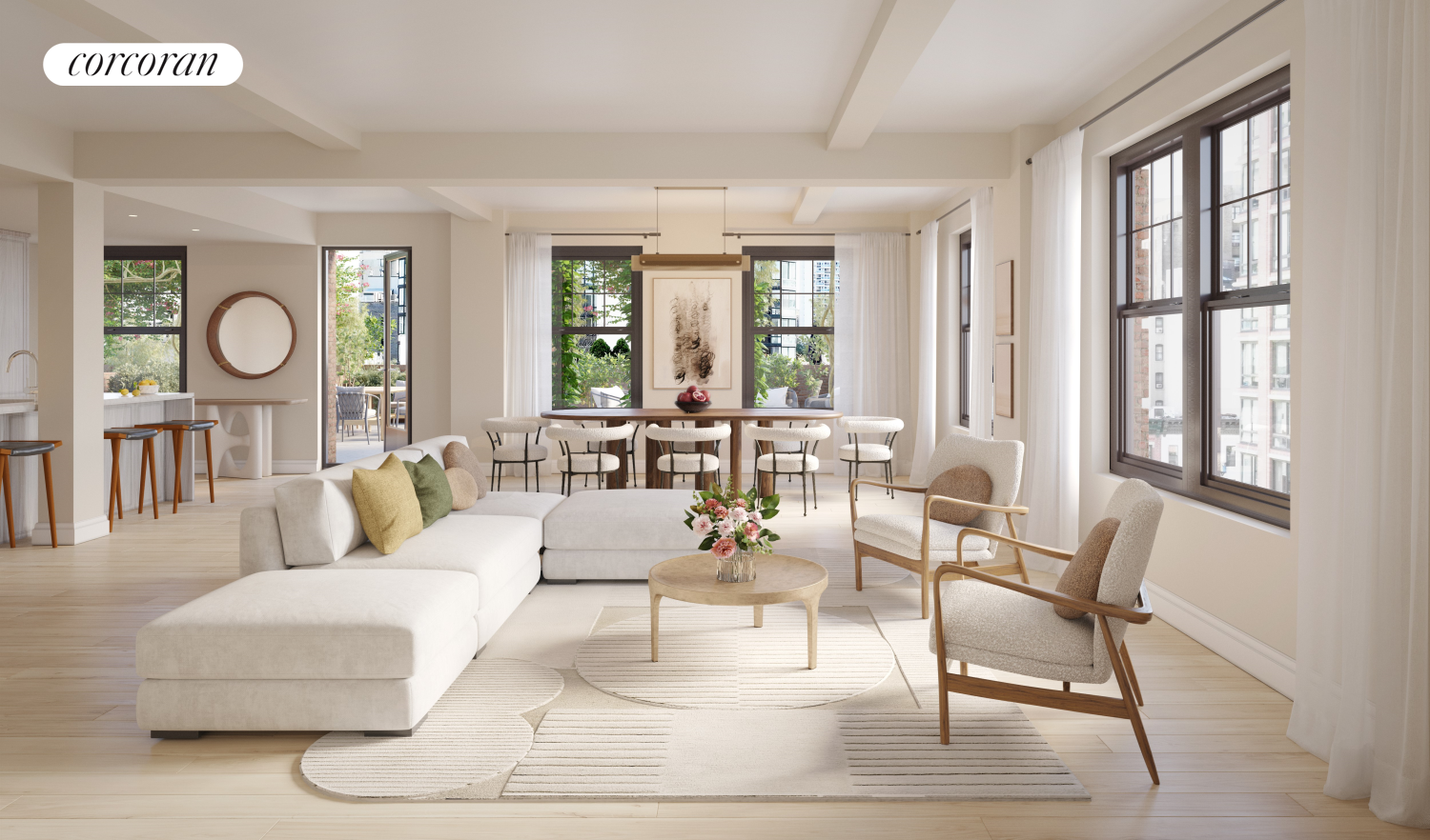 a living room with furniture and wooden floor