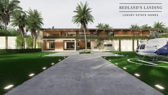 a view of a swimming pool with a garden and palm trees