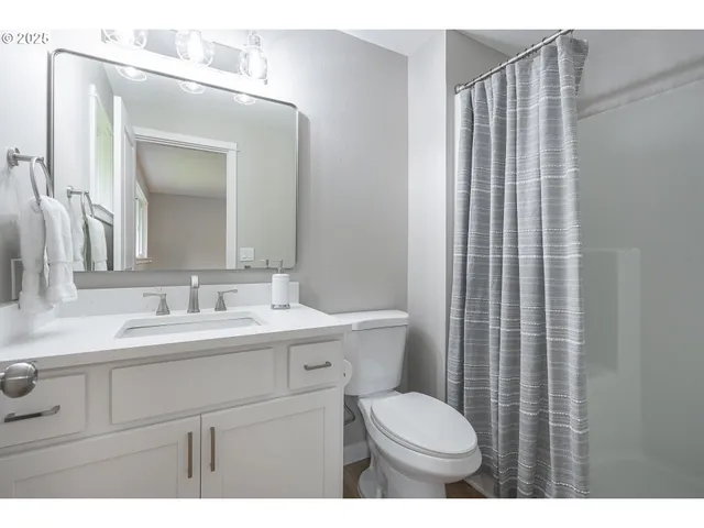 a bathroom with a sink a toilet a mirror and shower curtain