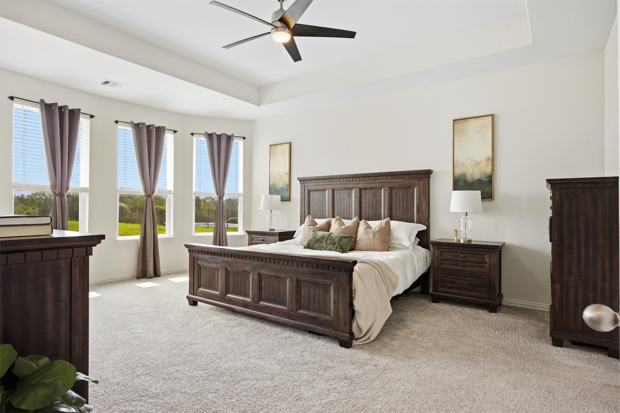 192 Raptor Beak Way Cedar Creek, TX 78612 - Photo 14 of 38 Spacious room featuring a tray ceiling, ceiling fan with integrated lighting, and light-toned carpeting