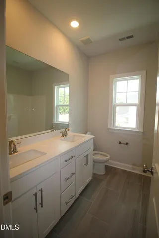 a bathroom with a toilet sink a mirror and vanity