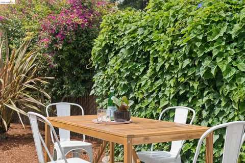 a backyard of a house with table and chairs