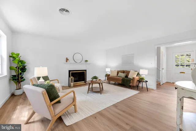 a living room with furniture a fireplace and potted plants with wooden floor