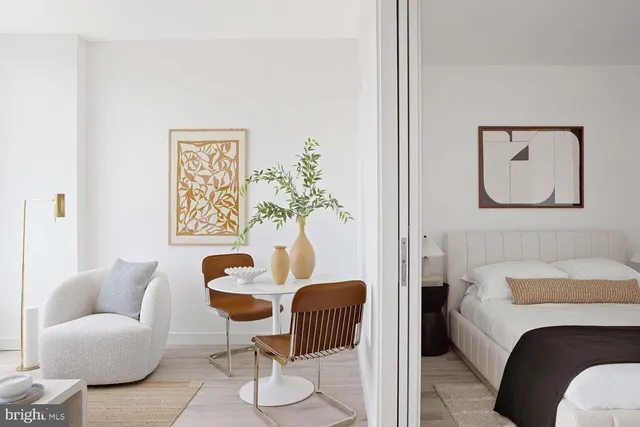 a living room with furniture and a potted plant